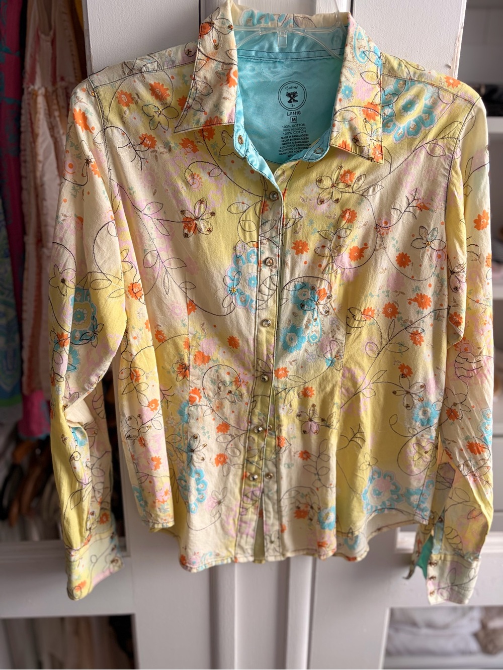 Western Floral Button-Up Shirt in Yellow with Blue Accents